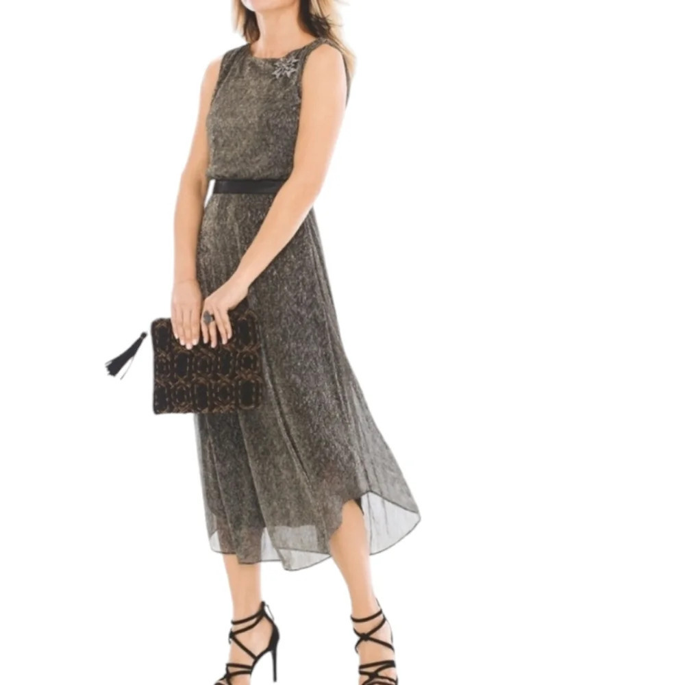 NEW Chico's Pleated Split back metallic gold tone shimmer Midi Dress - Picture 1 of 12